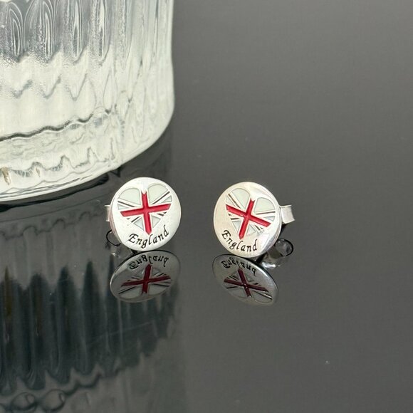 England Heart Flag Earrings S925 Sterling Silver Handmade Ear Stud - Picture 3 of 4